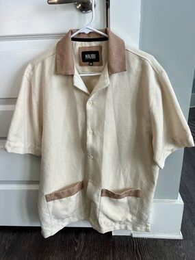 Malibu by Drill Clothing Co. Cream & Tan Short-Sleeve Button-Down Shirt